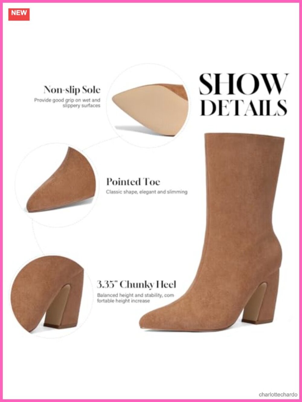 Women's Faux Suede Ankle Booties Chunky Block Heel 3.35" Pointed Toe Zip - Picture 4 of 6